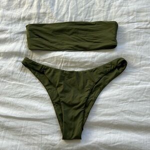 Toast Swim Bandeau Top & High Hip Bikini Bottom in Chive Green